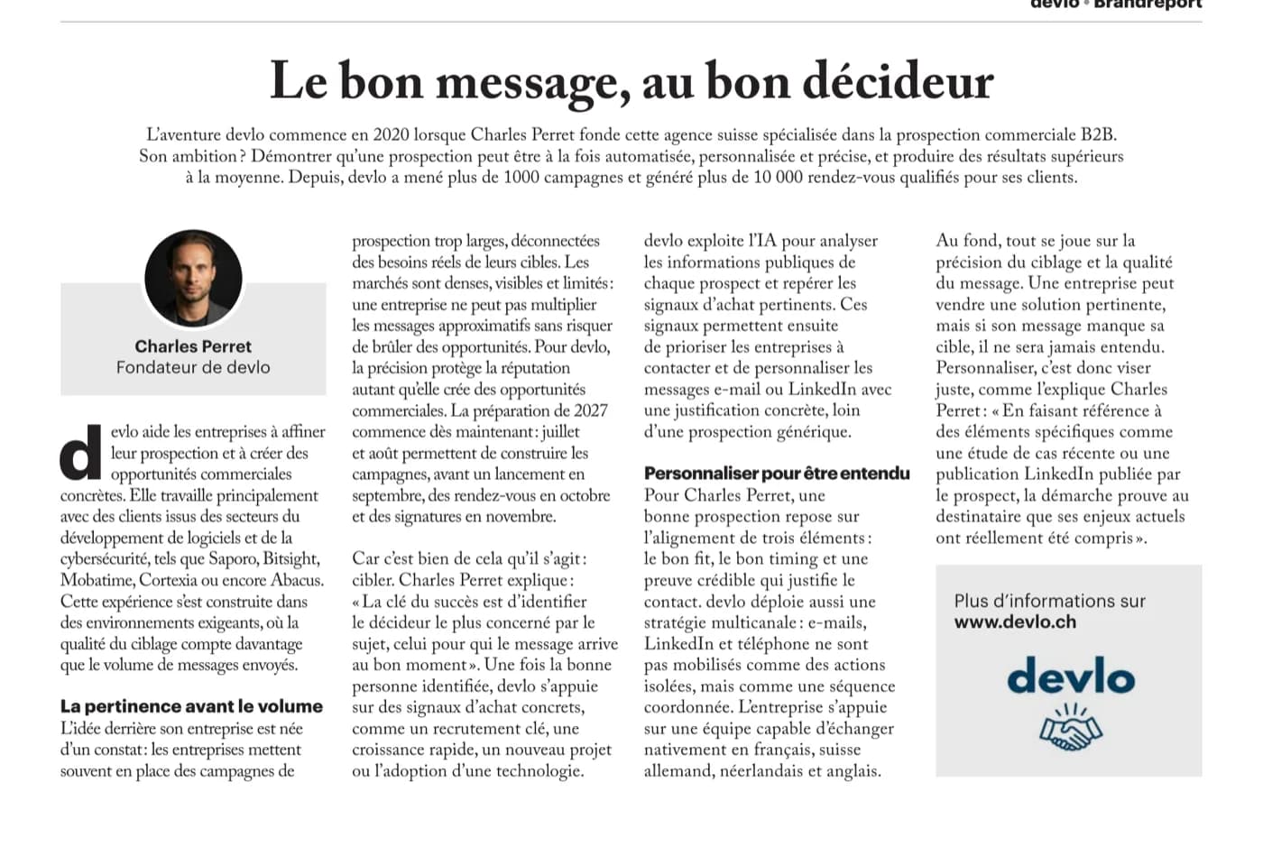 Article devlo "Le bon message, au bon décideur" dans le supplément Business Success de PME Magazine, juin 2026